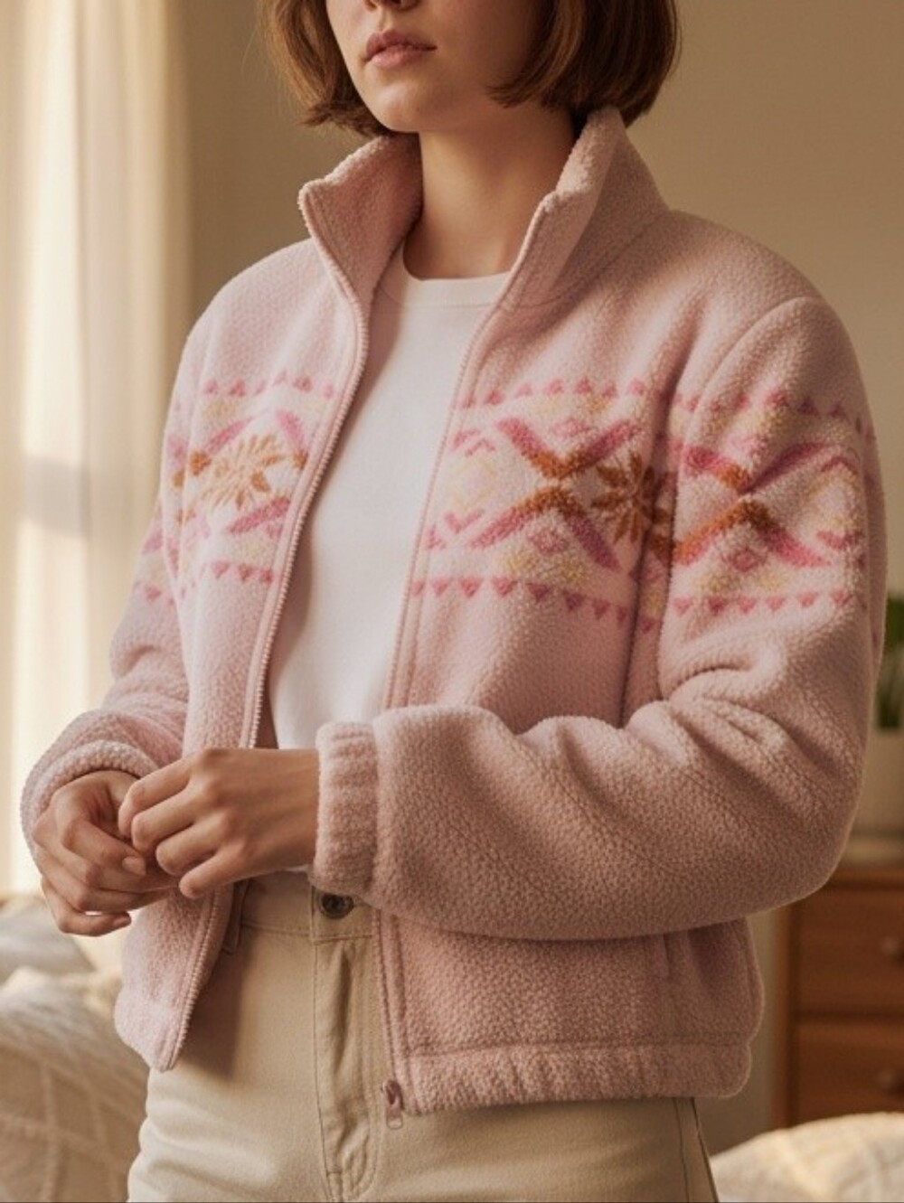 EUC Like New Pink Rose Size Sm.Pink Fair Isle Cropped Fleece Zip Jacket W/pocket